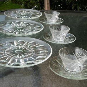 Princess House Regency Glass Three Round Plates w Three Saucers & Three Cups Set